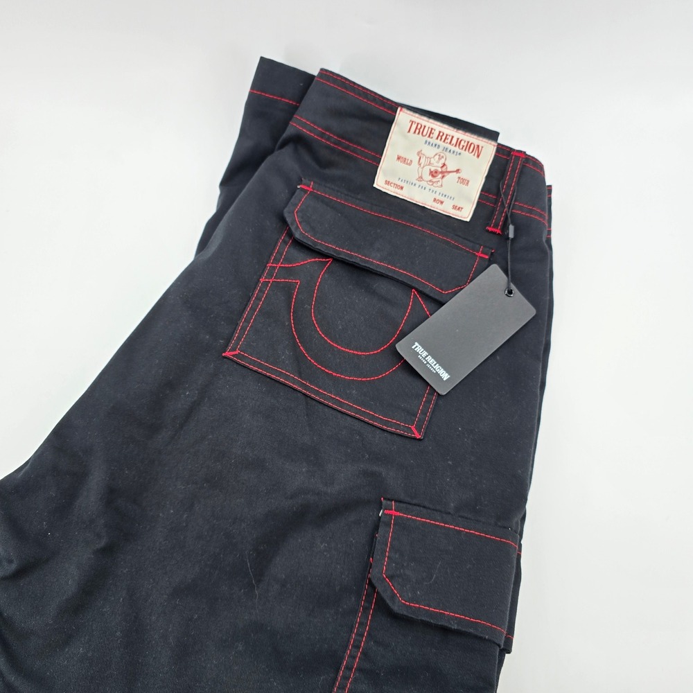 True Religion Cargoâ Pants Mens Contrast Stitch Jet Black Red 108335 Size 34 NWT